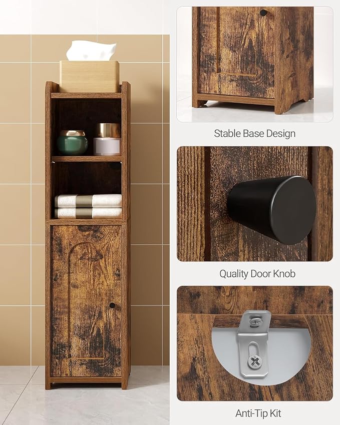 Hzuaneri Bathroom Storage Cabinet, Narrow Toilet Paper Cabinets with Doors | Small Corner Floor Cabinet with Doors and Adjustable Shelf, Bathroom Organizer for Small Spaces, Rustic Brown BC19701X - Image 3