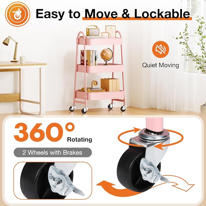 NEWBULIG 3-Shelf Metal Rolling Storage Utility Cart with Lockable Wheels | Mobile Organizer Shelf, Space-Saving, Freestanding, Bathroom, Living Room, Slim, Narrow Corner Spaces, Pink - Image 3