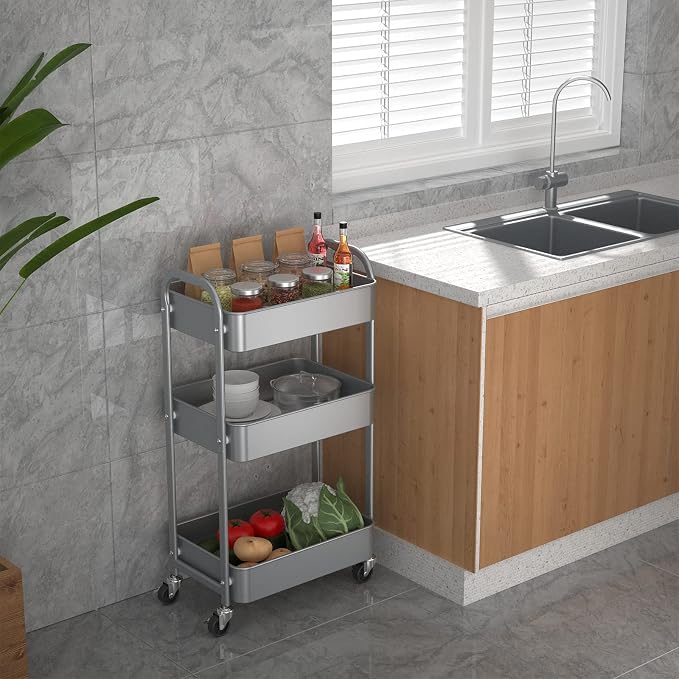MAX Houser 3-Tier Rolling Utility Cart with Caster Wheels,Easy Assembly, for Kitchen, Bathroom (Silvery-Grey) (Pack of 3) - Image 3