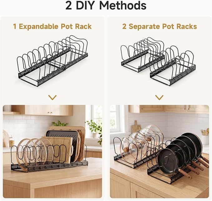 MUDEELA Pot Lid Organizer for Cabinet, Expandable Baking Pan Rack 14 Slots | 11.8–22.9" Expandable, 14 Adjustable Divider, Tool-Free Assembly, Non-Slip, Scratch-Proof, For Pan Lid Cutting Board Bakeware - Image 6