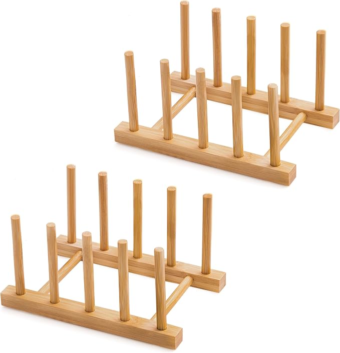 Bamboo Dish Drying Rack for Kitchen Counter & Cabinet (4 Slots) | Detachable Dish/Book/Plate/Bowl/Cup/Cutting Board/Pot Lid Organizer for Kitchen, Living Room, Study, Display Cabinet by Oyydecor