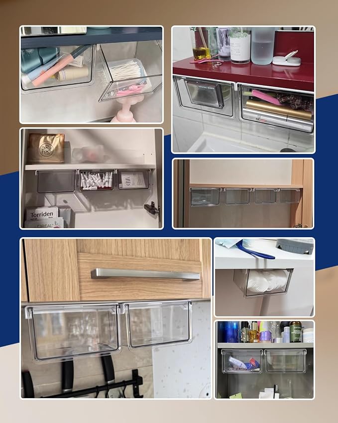 Hanging Cabinet Organizer – 33° Tilted Under Desk Drawer & Bathroom Storage – Self-Adhesive Clear Pull-Out Bins for Kitchen, Office & Vanity (Small) - Image 9