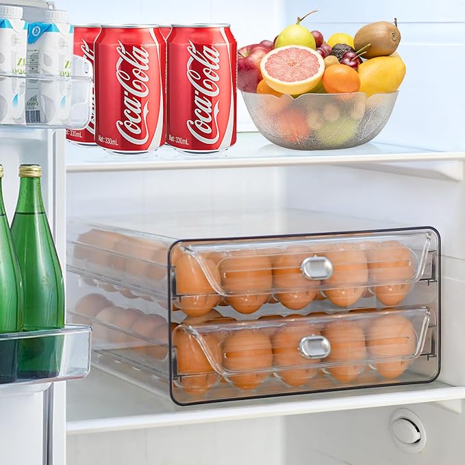 Egg Holder for Refrigerator,60 Eggs Clear Drawer Organizer | 2 Layer Stackable Egg Holder Egg Trays,Egg Storage Container with Time Scale for Fridge Countertop Cabinet - Image 8