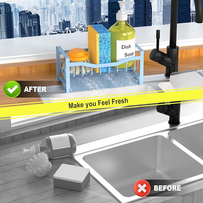 Stainless Steel Kitchen Sink Caddy Organizer with Auto Drain Tray, Sponge Holder for Countertop Storage - Image 5