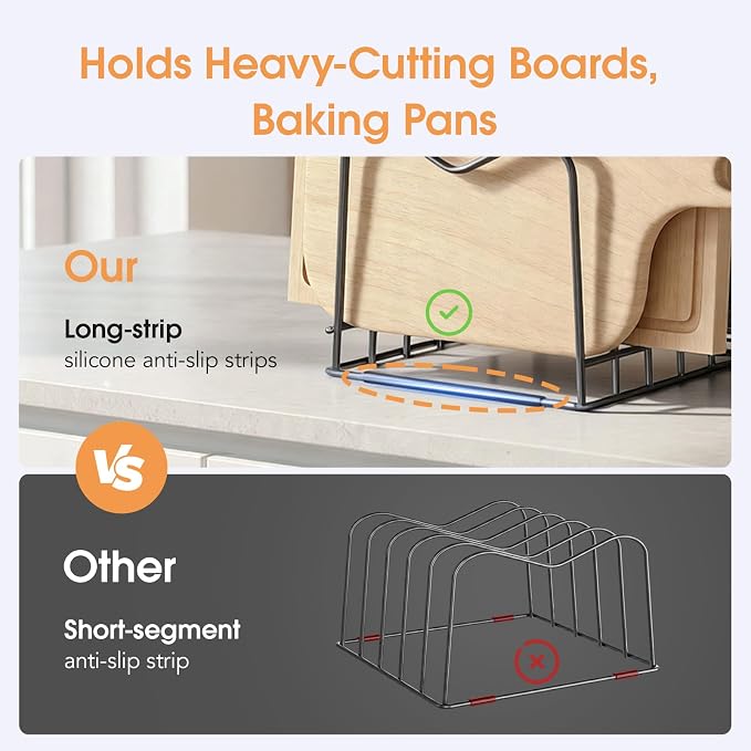 5mm Wire Cutting Board Organizer Holder Stand for Cabinet Countertop | Full silicone strip, no slipping or scratches, 1.2" slot spacing, Holds cutting boards, sheet pans, skillets inside Cabinet - Image 3