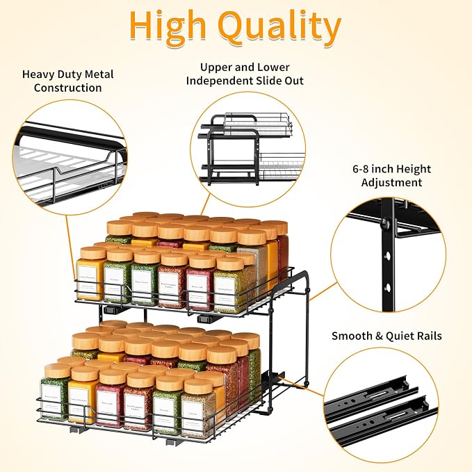 RCHYFEED 2 Tier Height Adjustable Pull Out Spice Rack,13.5" Wx10.5 Dx9.5 H | Heavy Duty Spice Organization for Cabinet Metal Slide Out Spice Rack for Cabinet & Pantry, for Seasoning,Sauces,Canned Goods - Image 5