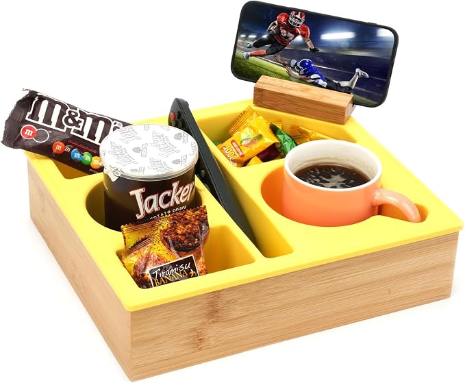 Couch Cup Holder Tray, Handy Silicone Bamboo Couch Caddy with Rotatable Phone Holder for Bed Car Seat Organizer, Waterproof Anti-Spill Couch Drink Holder for Snacks Beverage Remote (Yellow) by Hitseon