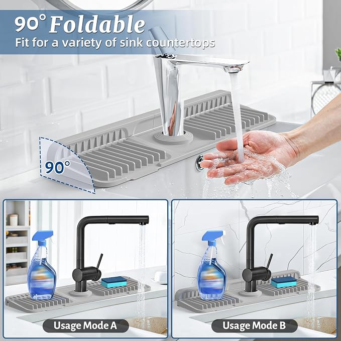 PoYang 17.7 Inch Faucet Mat for Kitchen Sink Splash Guard, Light Grey | Sink Protectors with 7° Slope for Smooth Drainage, Snap Button Holds It in Place, 90° Foldable & Cuttable Hole Fit Most Sinks - Image 2