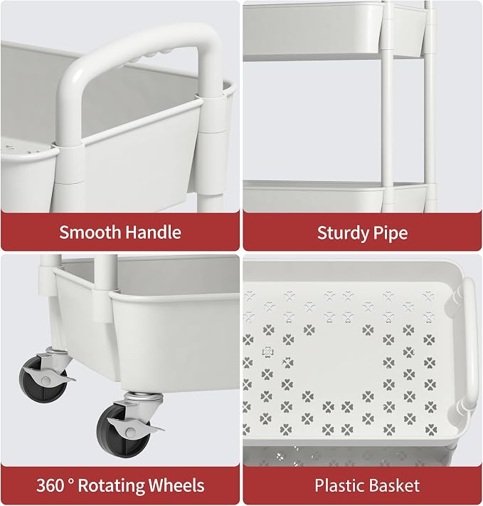 Sywhitta 3-Tier Plastic Rolling Utility Cart with Wheels for Storage,White | Multi-Functional Storage Trolley, for Office, Living Room, Kitchen, Bathroom,Movable Organizer,Space-Saving,Easy to assemble - Image 6