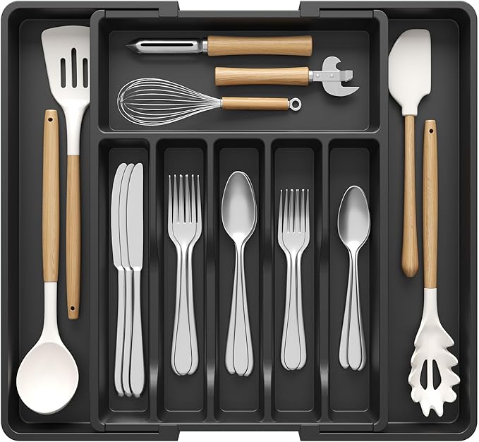 Lifewit Extra Large Silverware Drawer Organizer, Expandable Utensil Tray | BPA Free Flatware Cutlery Holder for Kitchen, Adjustable Plastic Storage for Spoons Forks Knives, 13-22.4 x 16.7", Black by Lifewit