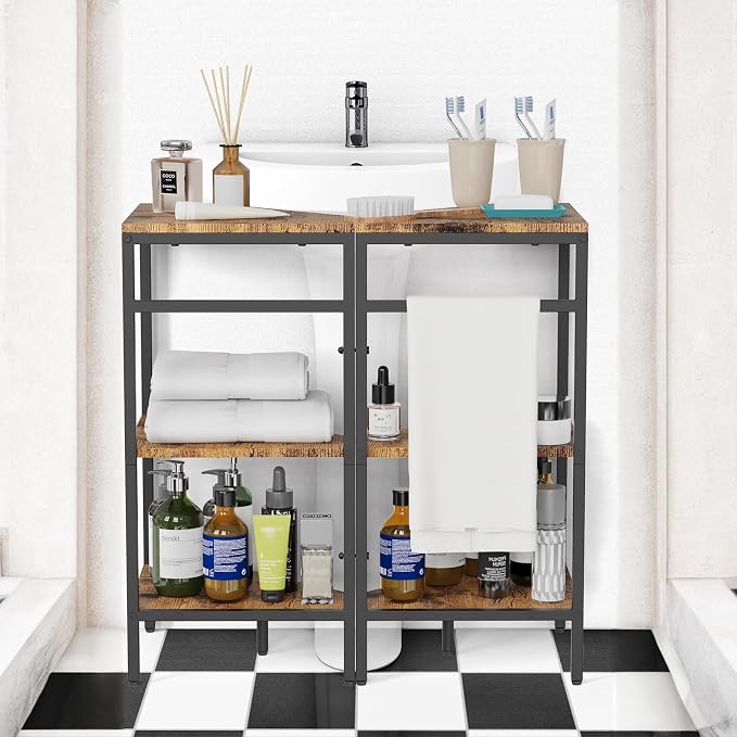 CADUKE Pedestal Sink Storage, 2 Pack Bathroom Under Vanity Storage Shelf | Under Sink Organizer Shelf, Bathroom Organizers Rack Stand, 3 Tier Wooden Corner Shelves, For Small Space, Rustic Brown - Image 2