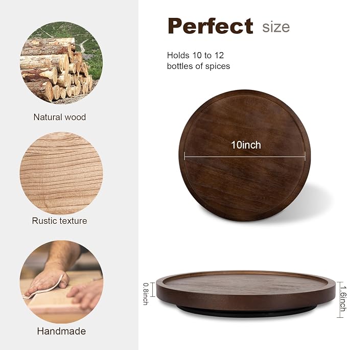 Wood Lazy Susan Organizer Kitchen Turntable for Cabinet Farmhouse Bathroom Decor Round Decorative Tray for Vanity, Counter, Sink, Coffee Table, 10 Inch, Walnut | waterpoof, East clean, Non-slip, Pantry Table Decorative Tray for condiment, spice - Image 6