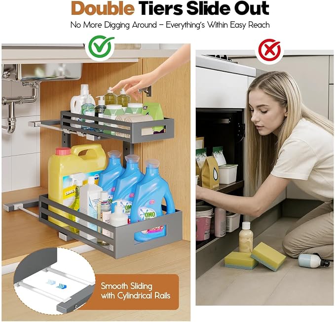 2-Pack Under Sink Organizers and Storage,2-Tier L Shape Pull Out Cabinet Organizer With Round Tube Slide Rails,Hight Adjustable Slide Out Drawers for Kitchen&Bathroom,Multi-Purpose Storage Shelf-Gray - Image 3