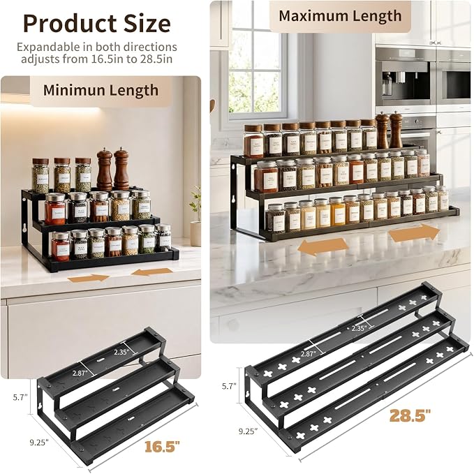 Expandable Spice Rack Organizer for Cabinet, Supports 17.6 lbs Per Tier | Expandable 16"-29", Anti-Separation Sliding Design, 3-Tier mental shelf, Organizes Jars, Bottles & Seasonings, Easy Assembly - Image 3
