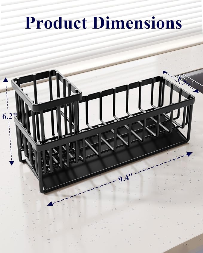 Kitsure Sponge Holder for Kitchen Sink, 9.4" x 3.7" x 6.2", Black | Kitchen Sink Caddy, Home Decor Accessories, Stainless Steel, High Brush Holder - Image 2