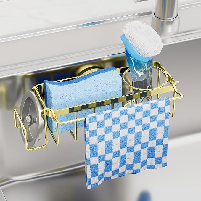 TAILI 4-in-1 Sink Caddy for Kitchen Sink with Strong Suction Cup-Gold | Removable Sponge Holder for Kitchen Sink Organizer, Rustproof 304 Stainless Steel Holder for Sponge, Brush, Scrubber, Scraper by TAILI