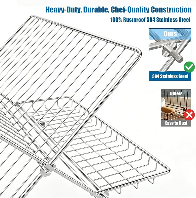 Stainless Steel Foldable Dish Drying Rack, 2 Tier Collapsible Kitchen Rack for Counter, Large Capacity Expandable Dish Drainer Rust Proof - Image 4