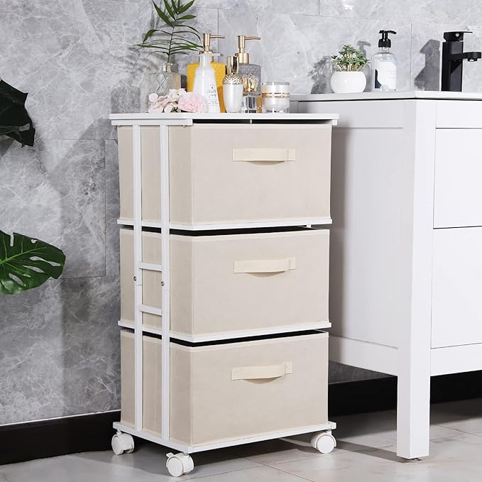 MAX Houser Dresser Tower with 3 Drawers for Bedroom, Fabric Storage Organizer Unit, Chest of Drawers with with WoodTop, Small Vertical Storage for Guest Room, Closet, Entryway(Beige) - Image 5