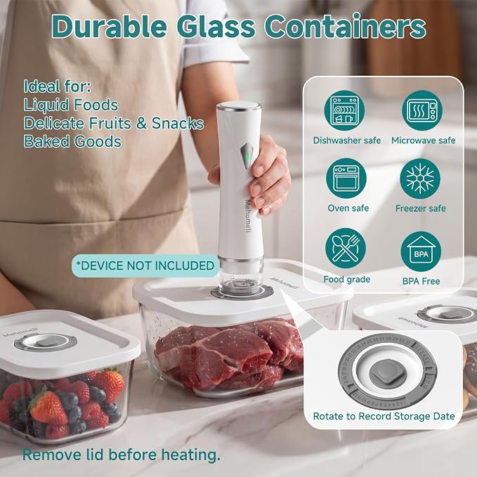 Glass Vacuum Seal Containers, 3-Piece Set, Small Medium Large | BPA-free, Borosilicate Glass, Date-tracking lids, Ideal for liquids and delicate foods, Works with handheld vacuum sealers - Image 2