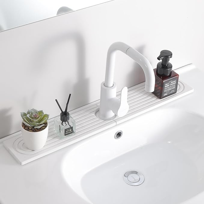 Diatomite Faucet Mat for Kitchen Sink, Quick-Dry Stone-Like Sink Mat, Flat Lay Absorbent Countertop Drying Mat for Faucet Area, Hard Diatomite Mat, White, 23.6 x 4 in - Image 2