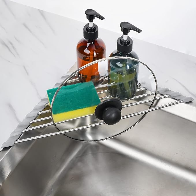 Tomorotec Triangle Roll-Up Dish Drying Rack for Sink Corner Small Foldable Stainless Steel Over The Sink Multipurpose Kitchen Drainer Caddy Organizer Storage Space Saver Shelf Holder (Gray) | BPA-Free Food-Grade Silicone Edges Foldable Waterproof Rustp... - Image 9