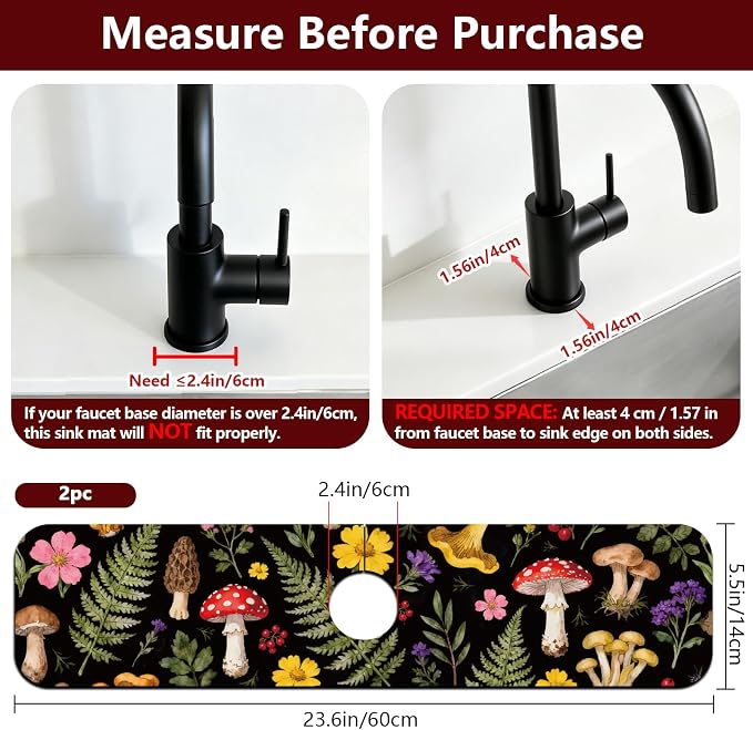 2 Pcs Kitchen Sink Splash Guard Faucet Mat Colorful Mushrooms and Flowers Pattern Faucet Mat for Sinks Leaves Absorbing Drying Mat for Kitchen Bathroom, 23.6x5.5inch - Image 2
