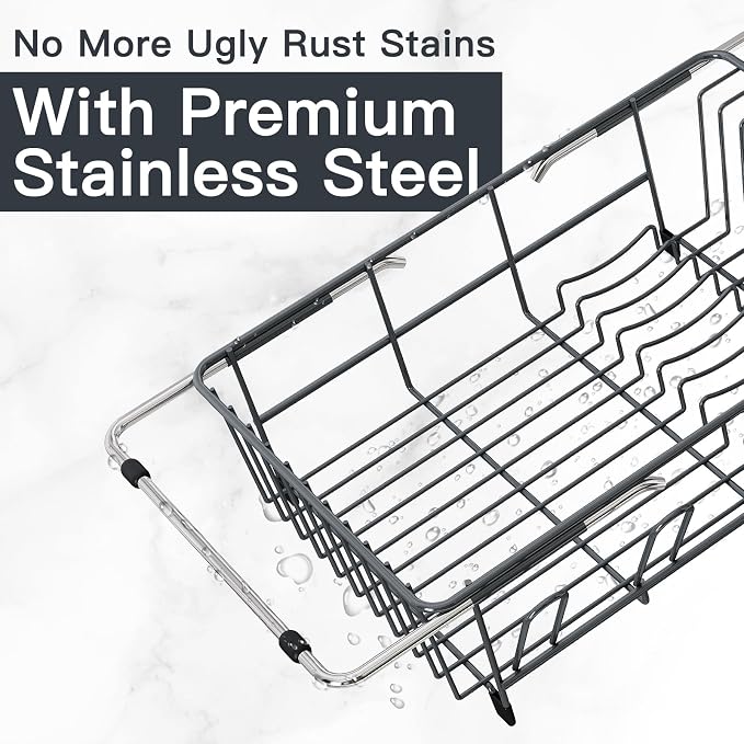 Green Dish Drying Rack Over The Sink with Utensil Holder, Mat | Expandable Stainless Steel Dish Drainer for Small Kitchen, Apartment, RV, Counter Space Saving, Perfect Fit, Rustproof - Image 4