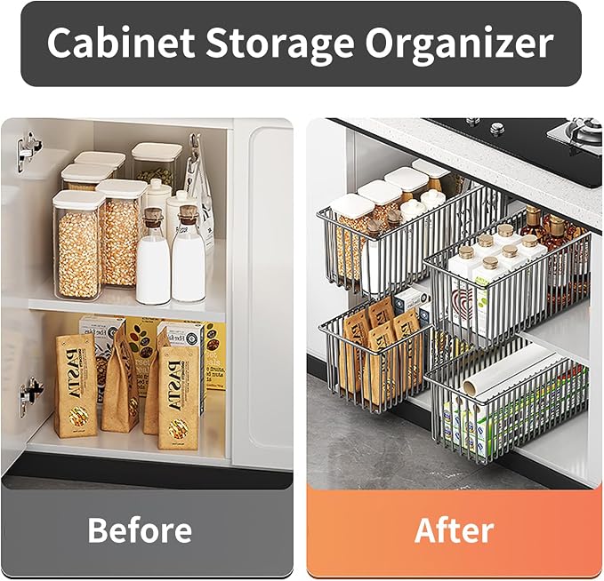 Pull Out Cabinet Organizer 2 Pack, Black Metal Storage Basket for Kitchen Cabinet, Bathroom, Under Sink, Self Adhesive Slide Out Pantry Shelves Drawer Storage, 15.8" LX 5.9" WX5.9 H - Image 4