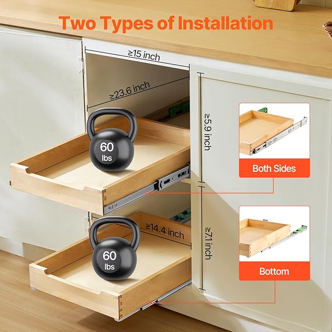 VEVOR Pull Out Cabinet Organizer, 14"W x 21"D Cabinet Drawer, Soft Close Slide out Shelf, Heavy-Duty Sliding Wood Drawer, Bottom Mount Size（14.5"W x 23"D）and Side Mount Size（15"W x 23"D） | Heavy-Duty Sliding Shelf with Bottom or Side Mounting for Organ... - Image 5