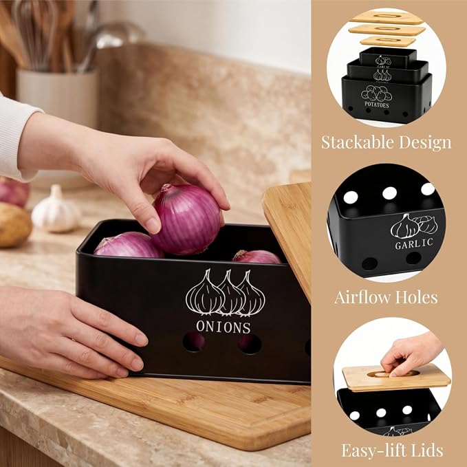 3 Pack Potato Onion Garlic Storage Set, Bamboo Lids | Metal Vegetable Storage Bins with Vents, Large Capacity Canister Black Food Container for Kitchen, Pantry - Image 3