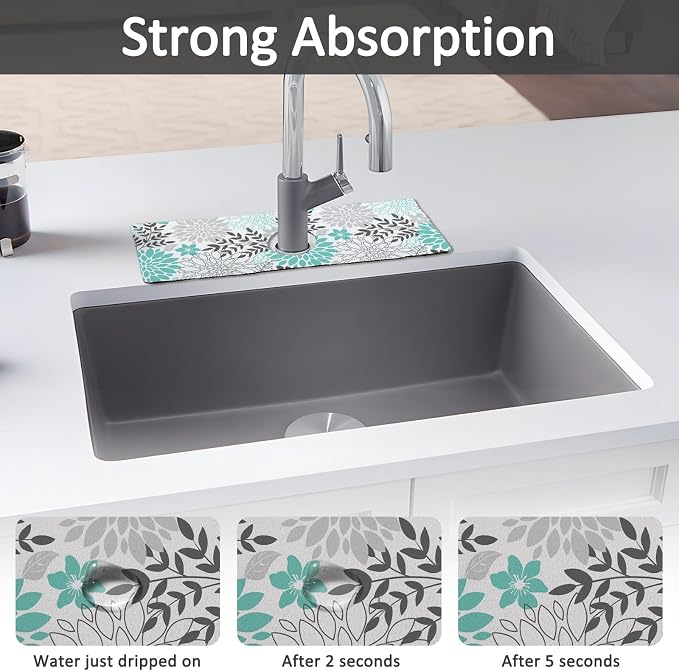 15" X 5.5" Kitchen Sink Splash Guard Faucet Mat Floral Super Absorbent Fast Drying Faucet Guard & Draining Mat Sink Splash Guard Behind Faucet for Kitchen, Bathroom - Image 3