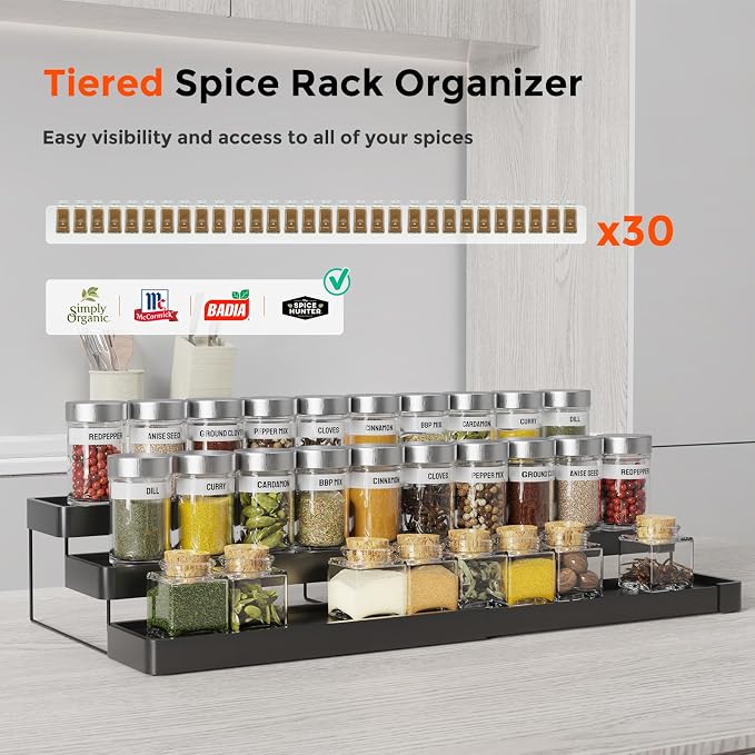 2 Pack Expandable Spice Rack Organizer for Cabinet - 3 Tier Adjustable Cabinet Spice Organizer Easy Visibility - Spice Organizer for Cabinet Countertop Cupboard Pantry Organization (Black) - Image 3