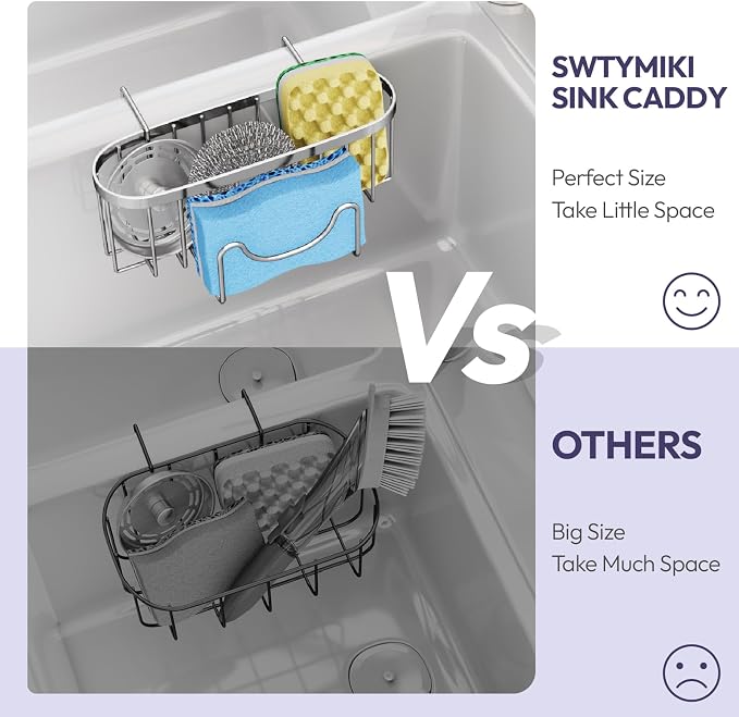 SWTYMIKI Sponge Holder for Kitchen Sink - Movable Kitchen Sink Caddy with M Shape Hook Stainless Steel Hanging Sponges Caddy Organizer in Double Bowl Sinks Depth>3.15in, Middle divider<1.5in, Silver L - Image 5
