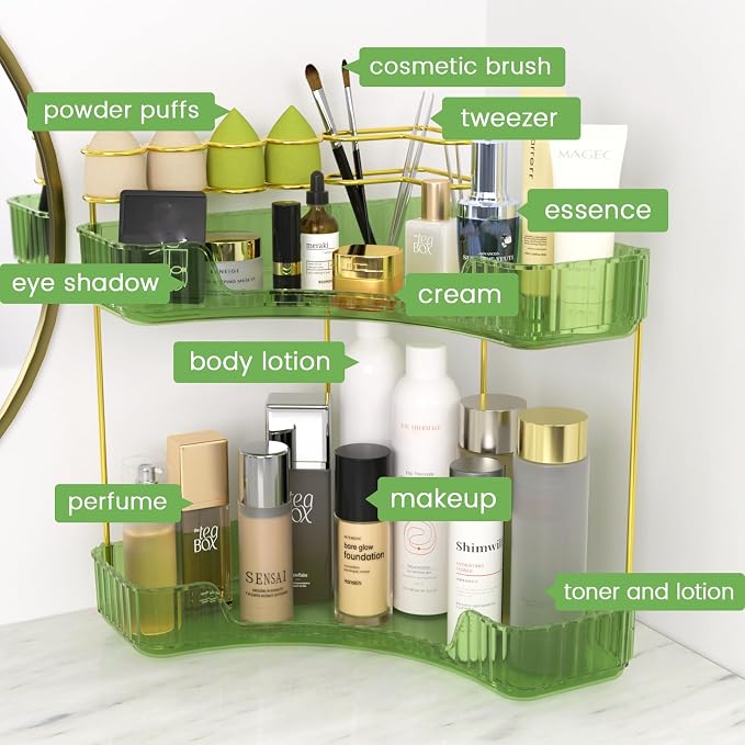 Makeup Organizer 2-Tier Bathroom Counter Organizer with Makeup Brush Holder | Corner Bathroom Organizer Countertop, Acrylic Counter Storage for Bathroom Dresser, Skincare Perfume Organizer- Green - Image 5