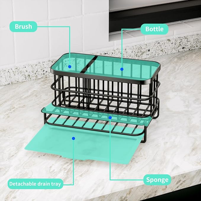 HapiRm Kitchen Sink Organizer, SUS304 Stainless Steel Rustproof Multifunctional Sink Caddy with Sponge Holder and Drain Tray for Kitchen Countertop (Black) - Image 5