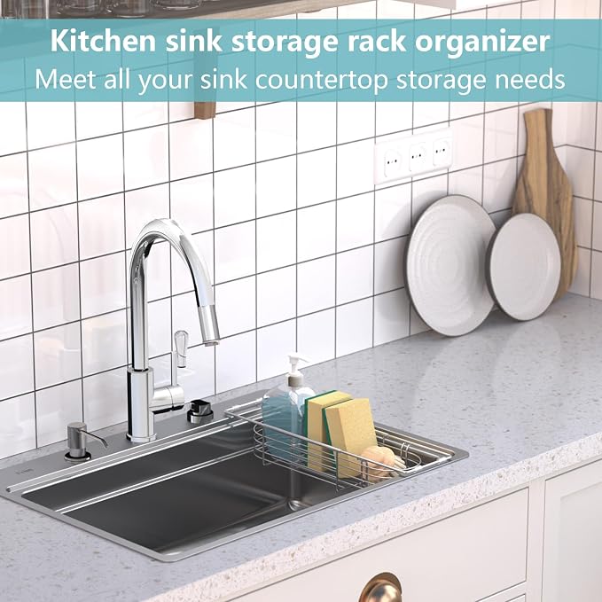 Sink Caddy Sponge Holder Kitchen Sink Organizer Expandable 13.4" to 17.1" | 304 Stainless Steel Telescopic sink organizer rack for kitchen - Image 2