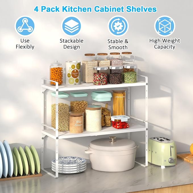 15.5 to 25.5 Inch Kitchen Cabinet Shelf Organizers，Kitchen Shelf Organizer | Adjustable Counter Organizer, Set of 4 Expandable Countertop Storage Shelves, Stackable Design, 30LBS Heavy Duty, Space Saver - Image 3