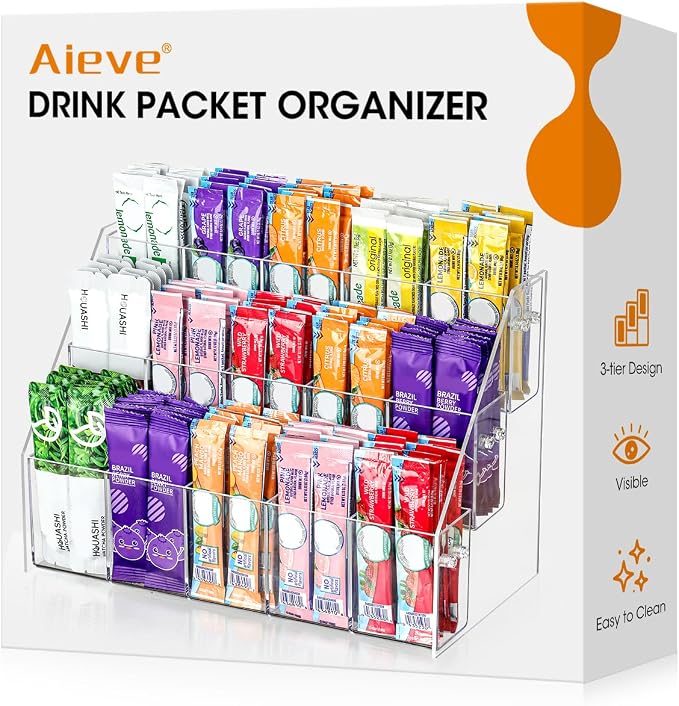 AIEVE Drink Packet Organizer with 15 Compartments, Water Packet Organizer for Water Flavor Drink Mix, Easy Assembly Acrylic Sugar Packets Holder for Cabinet Kitchen Storage Organization by Aieve