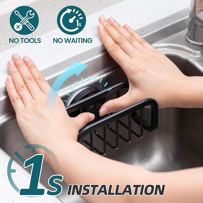 TAILI Black Sponge Holder for Kitchen Sink with Strong Suction Cup | Removable Sink Caddy for Kitchen Sink Oganizer, Rustproof Aluminum Sink Sponge Holder for Scraper Brushes, Stoppers - Image 2