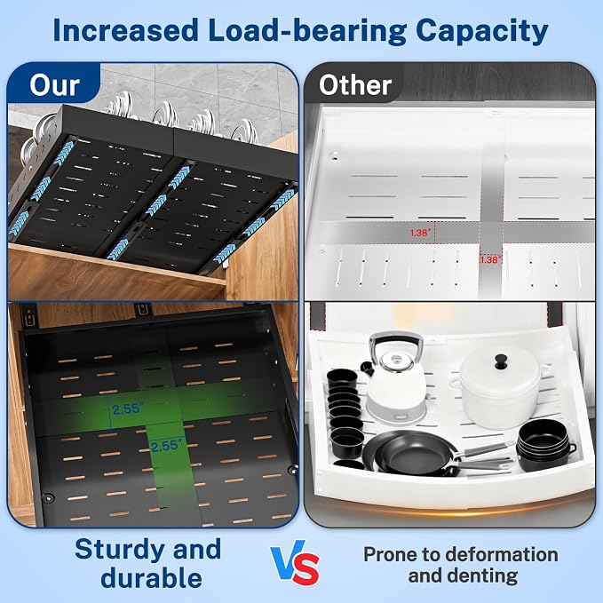 Insputer 1 Pack Pull Out Cabinet Organizer Expandable (12.4"-20.08")W & (16.26"-22.44")D, No Drill Slide Out Drawers with 3 Slide Rail, 2Pcs Magnetic Panel, Adhesive Roll Out Shelf for Kitchen, Pantry - Image 3