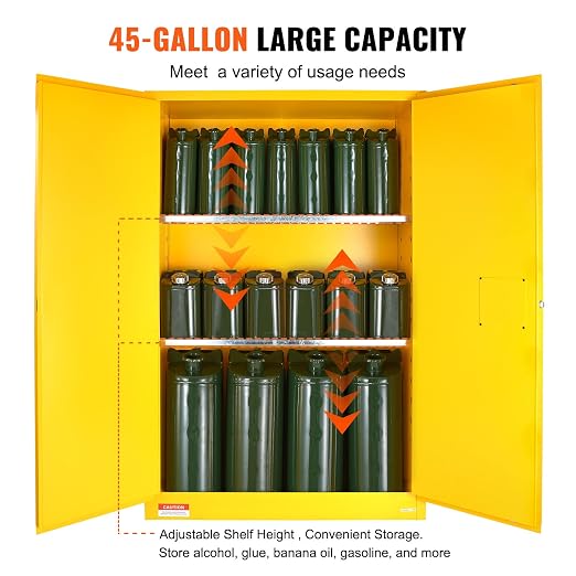 VEVOR Flammable Cabinet, 45 Gal, 18" x 43" x 65", Yellow | Cold-Rolled Steel, Explosion Proof, 2 Adjustable Shelves, 2 Manual Doors, Industrial Use - Image 6