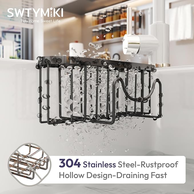 SWTYMIKI Sponge Holder for Kitchen Sink - Movable Kitchen Sink Caddy with M Shape Hook Stainless Steel Hanging Sponges Caddy Organizer in Double Bowl Sinks Depth>3.15in, Middle Divider<1.5in, Black L - Image 4