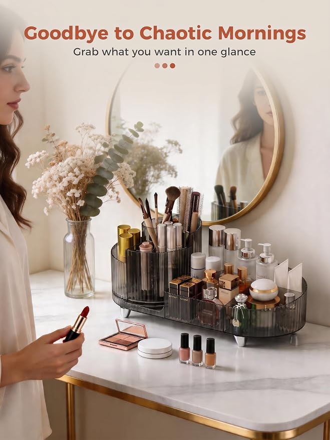 Booklov Rotating Makeup Organizer for Vanity Countertop, Smoke | Clear Acrylic Cosmetic Display Case, Large Beauty Brush Holder for Bathroom Counter, Skincare Lipsticks Storage - Image 5