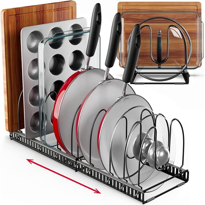 7.5” Wide 12-Slot Adjustable Large Pan and Pot Lid Organizer with Scratch-Free Pads, Expandable Pot Lid Holder Rack for Cabinet, Pots and Pans Organizer Inside Cabinet by BetterThingsHome