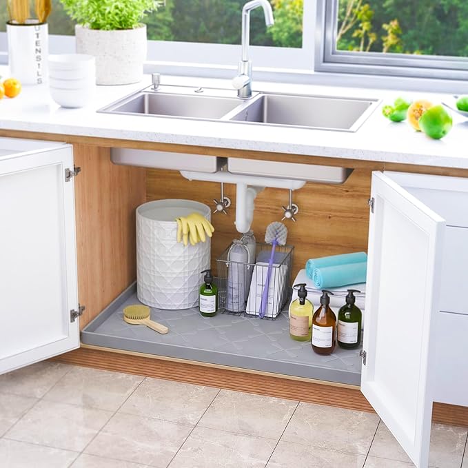 Waterproof Under Sink Mat 37" x 22" Silicone Mat Cabinet Protector | Heavy Duty Deep Drip Tray, Extra Thick Non Slip Liner for Kitchen & Bathroom, Pets, Organizer, Storage, Boots, Home Essential - Image 2