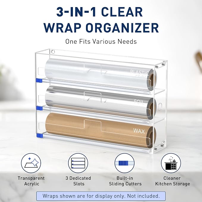 3 In 1 Acrylic Aluminum Foil, Plastic Wrap Organizer with Cutter | Clear Kitchen Storage for Wax Paper Dispenser Holder, For Drawer or Wall Mount, Fits 12 Inch Roll - Image 4