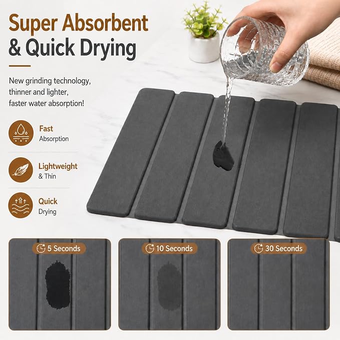 Stone Dish Drying Mat for Kitchen Counter, Thin & Light Quick Dry Stone Dishes Mat, Foldable Water Absorbing Diatomite Drying Pad for Kitchen Bathroom Sink Countertop (Pure Gray 19.7"x13.7" & 8"x4") - Image 3