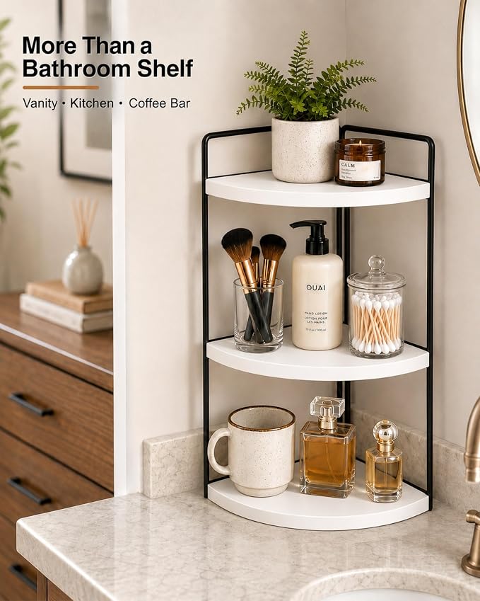 3-Tier Corner Bathroom Counter Organizer, Solid Pine Vanity Shelf, White | Solid pine 3-tier corner shelf with 6.3 in clearance for tall bottles in bathroom, vanity, kitchen, or coffee bar. - Image 6