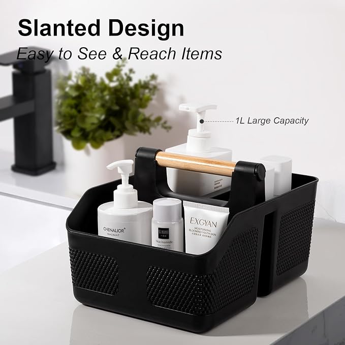 Plastic Shower Caddy Portable Shower Basket with Bamboo Handle, Black | Cleaning Caddy Organizer Storage Tote for Bathroom, College Dorm Essentials, Bath Toy Storage - Image 3