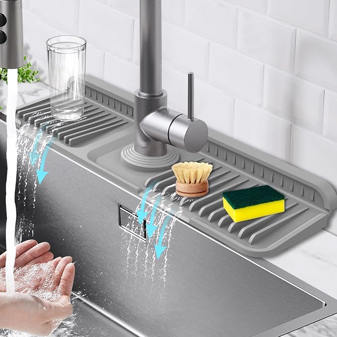 17.7-Inch Kitchen Sink Splash Guard Mat | 7° Slope for Fast Self-Draining | Snap-Lock Design | Universal & Cuttable Silicone Faucet Mat Gray by Hugro+Tarfive